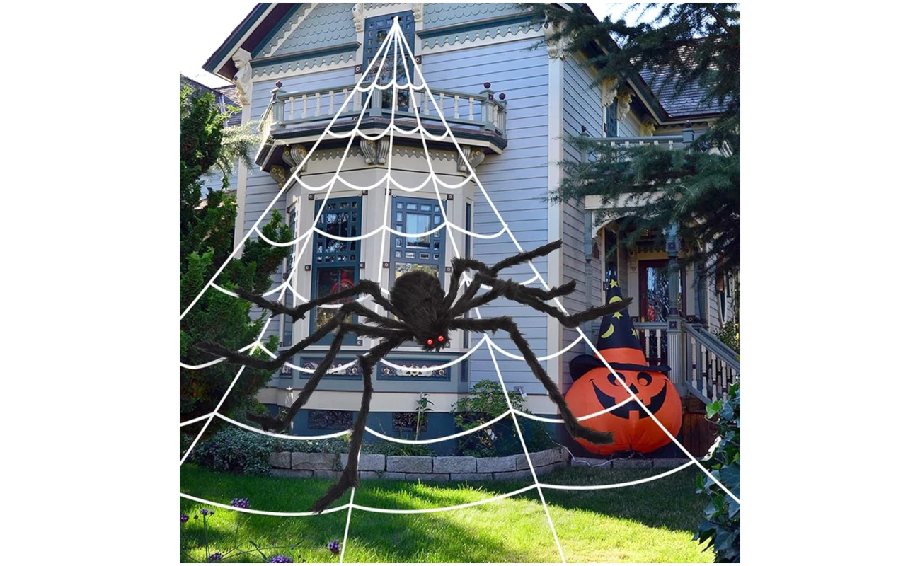 200" Halloween Spider Web + 59" Giant Spider Decorations Fake Spider with Triangular Huge Spider Web for Indoor Outdoor Halloween Decorations Yard Home Costumes Parties Haunted...