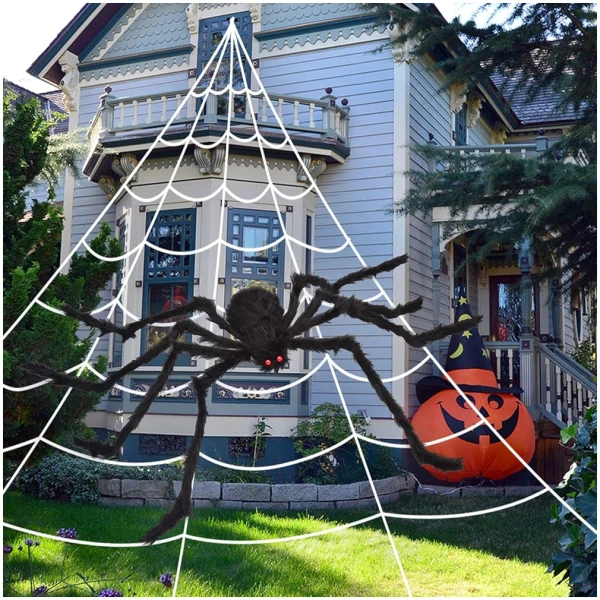 200" Halloween Spider Web + 59" Giant Spider Decorations Fake Spider with Triangular Huge Spider Web for Indoor Outdoor Halloween Decorations Yard Home Costumes Parties Haunted...