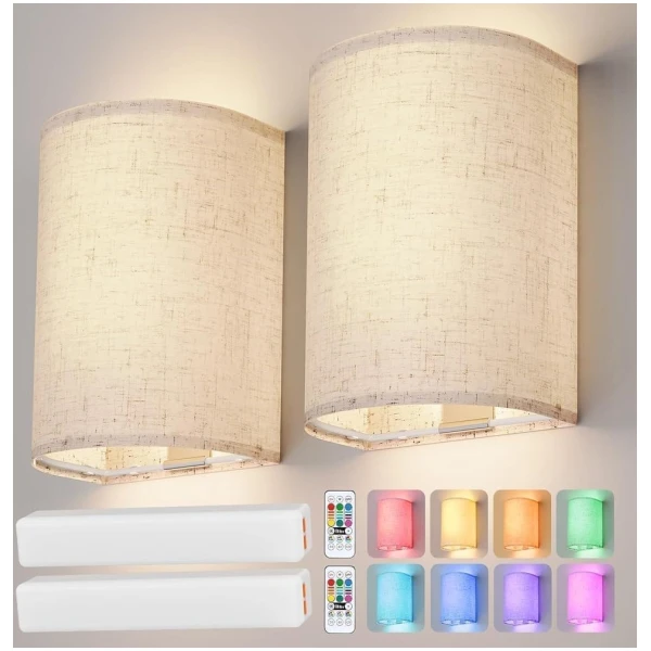 Battery Operated Wall Sconce: Wireless Wall Sconces Set of Two Magnetic Wall Lamp Rechargeable Wall Lights 16 RGB Colors Fabric Linen Shade with Remote Wall Decor for Bedroom...