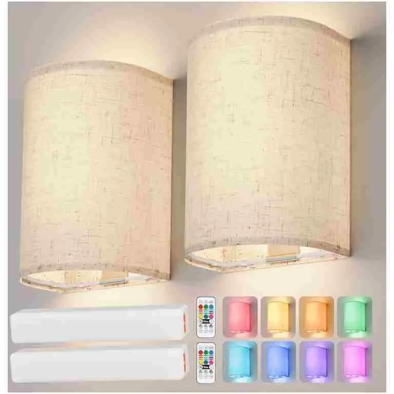 Battery Operated Wall Sconce: Wireless Wall Sconces Set of Two Magnetic Wall Lamp Rechargeable Wall Lights 16 RGB Colors Fabric Linen Shade with Remote Wall Decor for Bedroom...