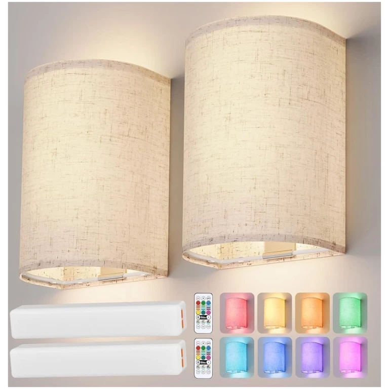 Battery Operated Wall Sconce: Wireless Wall Sconces Set of Two Magnetic Wall Lamp Rechargeable Wall Lights 16 RGB Colors Fabric Linen Shade with Remote Wall Decor for Bedroom...