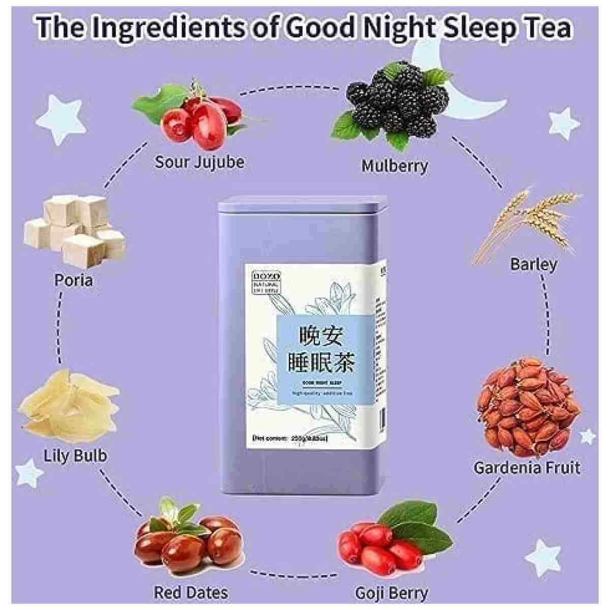 DOZO Good Night Sleep Tea Poria Cocos Sour Jujube Kernel Tea 8.8oz/250g(30bags) Jujube Goji Berry Gardenia Combined Herbal Tea Soothe the nerves and help sleep wellness 酸枣仁茯苓百合...