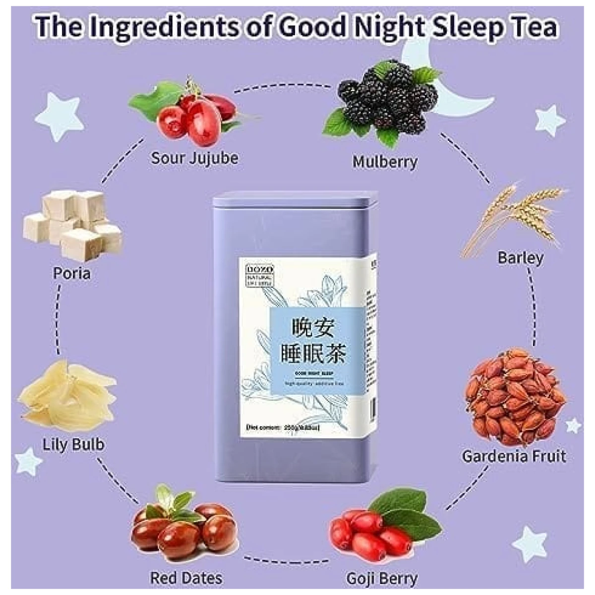 DOZO Good Night Sleep Tea Poria Cocos Sour Jujube Kernel Tea 8.8oz/250g(30bags) Jujube Goji Berry Gardenia Combined Herbal Tea Soothe the nerves and help sleep wellness 酸枣仁茯苓百合...