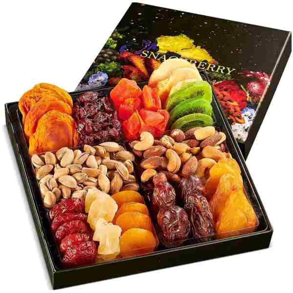 Dried Fruit & Nuts Gift Basket Arrangement Platter, Gourmet Food Snack Box, For Fathers Day, Birthday Care Package, Healthy Kosher - Her Him - 12 Snackberry Assortment (Single)