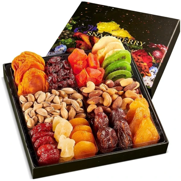 Dried Fruit & Nuts Gift Basket Arrangement Platter, Gourmet Food Snack Box, For Fathers Day, Birthday Care Package, Healthy Kosher - Her Him - 12 Snackberry Assortment (Single)