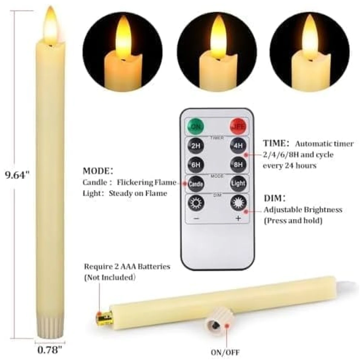 Flameless Candles with Remote: 8 Pack Battery Operated Window Candles 9.6" Real Wax LED Flickering Flameless Taper Candles 3D Wick Lights Halloween Christmas Wedding Birthday...