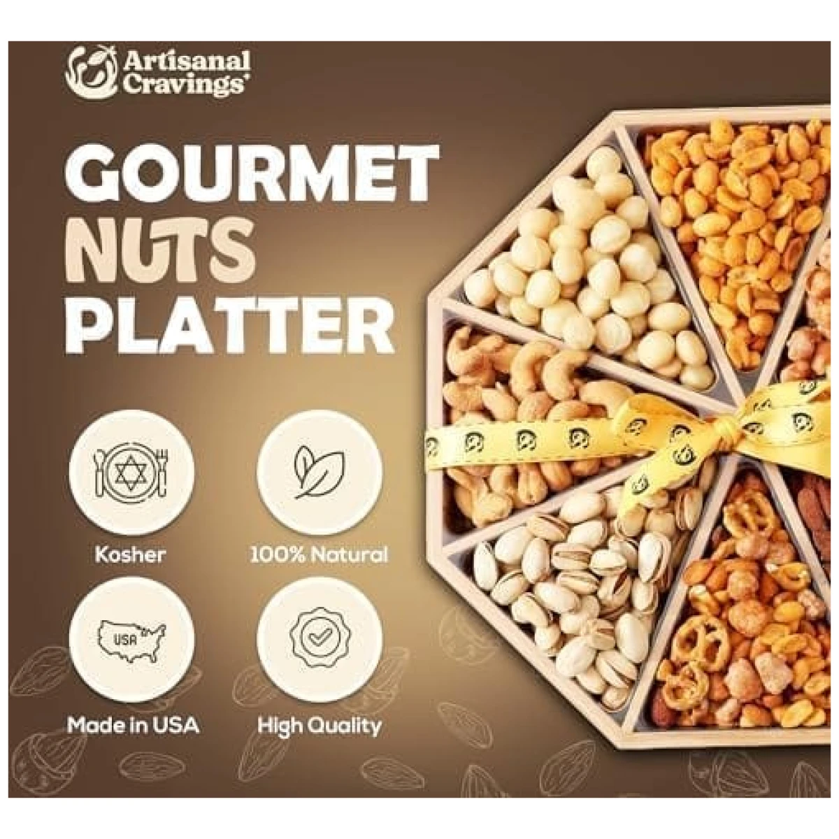 Gourmet Mixed Nuts Gift Basket Mixed Nuts Gift Basket | XL 2 LB Platter Includes 8 Assortments of Premium Nuts - Sleek Bamboo Wood Reusable Platter, Kosher