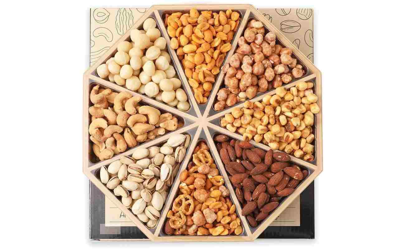 Gourmet Mixed Nuts Gift Basket Mixed Nuts Gift Basket | XL 2 LB Platter Includes 8 Assortments of Premium Nuts - Sleek Bamboo Wood Reusable Platter, Kosher