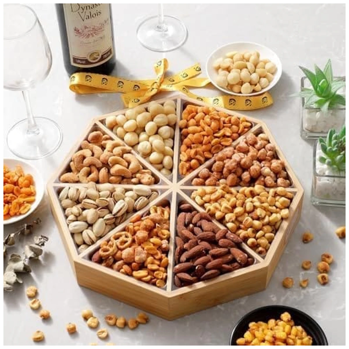 Gourmet Mixed Nuts Gift Basket Mixed Nuts Gift Basket | XL 2 LB Platter Includes 8 Assortments of Premium Nuts - Sleek Bamboo Wood Reusable Platter, Kosher