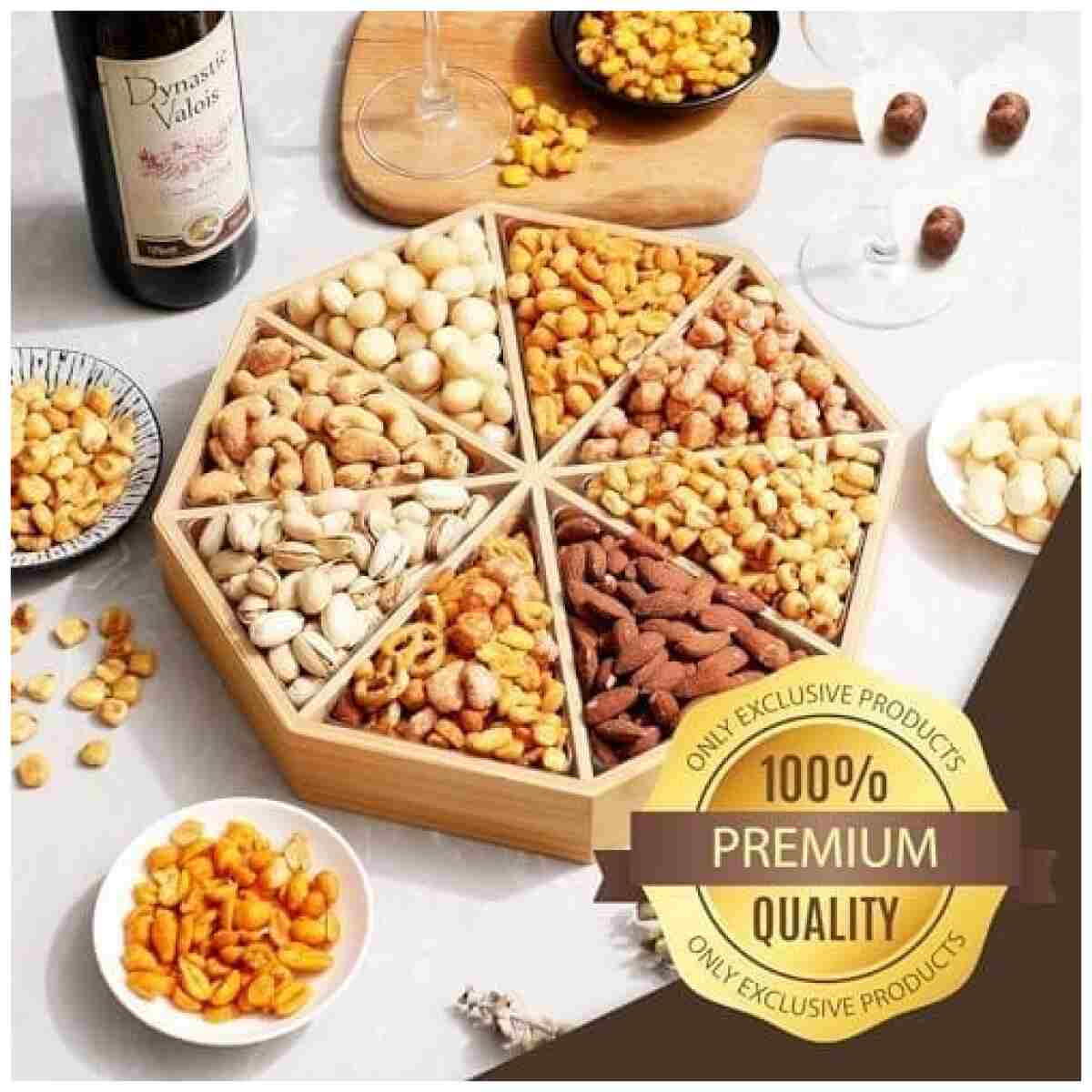 Gourmet Mixed Nuts Gift Basket Mixed Nuts Gift Basket | XL 2 LB Platter Includes 8 Assortments of Premium Nuts - Sleek Bamboo Wood Reusable Platter, Kosher