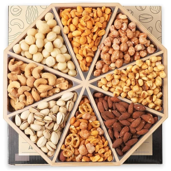 Gourmet Mixed Nuts Gift Basket Mixed Nuts Gift Basket | XL 2 LB Platter Includes 8 Assortments of Premium Nuts - Sleek Bamboo Wood Reusable Platter, Kosher