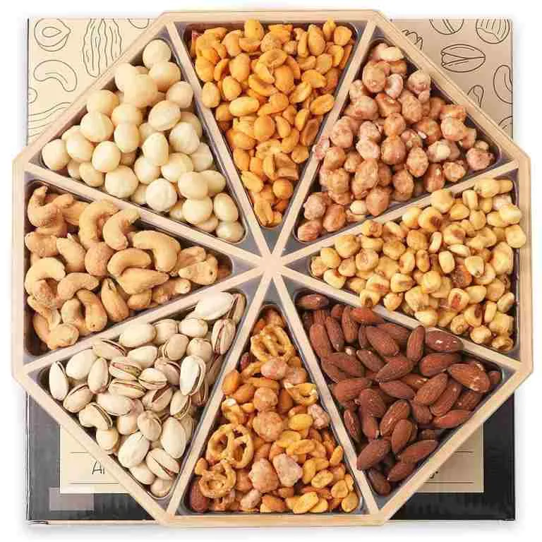 美食混合坚果礼品篮 混合坚果礼品篮 | XL 2 磅拼盘包括 8 种优质坚果 - 光滑竹木可重复使用拼盘，犹太洁食
