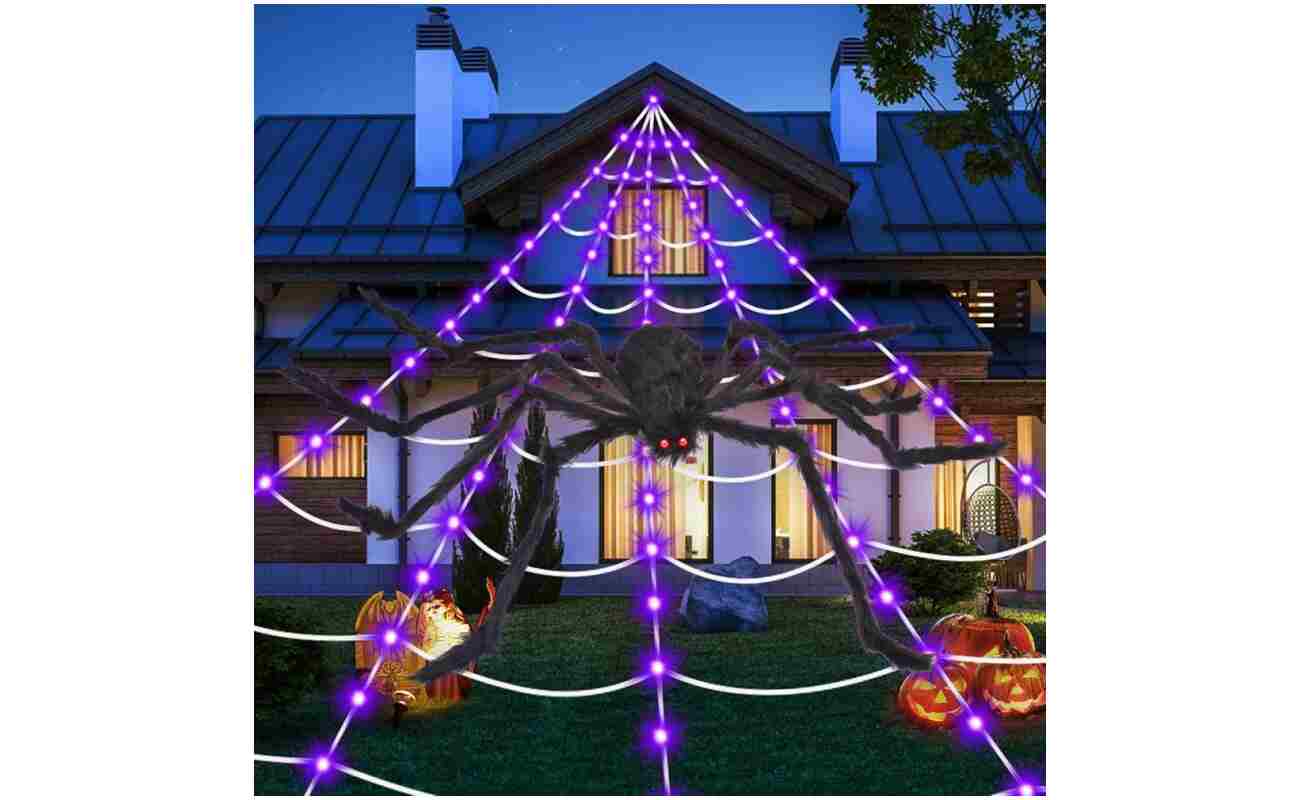 Halloween Decorations Spider Webs: Halloween Spider Web Lights 135 LED Purple Lights 59" Giant Spider Scary Halloween Decorations Outdoor Indoor for Party Garden Home Costumes...