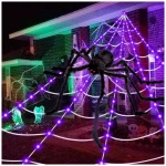 Halloween Decorations Spider Webs: Halloween Spider Web Lights 135 LED Purple Lights 59" Giant Spider Scary Halloween Decorations Outdoor Indoor for Party Garden Home Costumes...