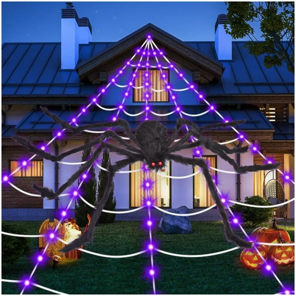 Halloween Decorations Spider Webs: Halloween Spider Web Lights 135 LED Purple Lights 59" Giant Spider Scary Halloween Decorations Outdoor Indoor for Party Garden Home Costumes...