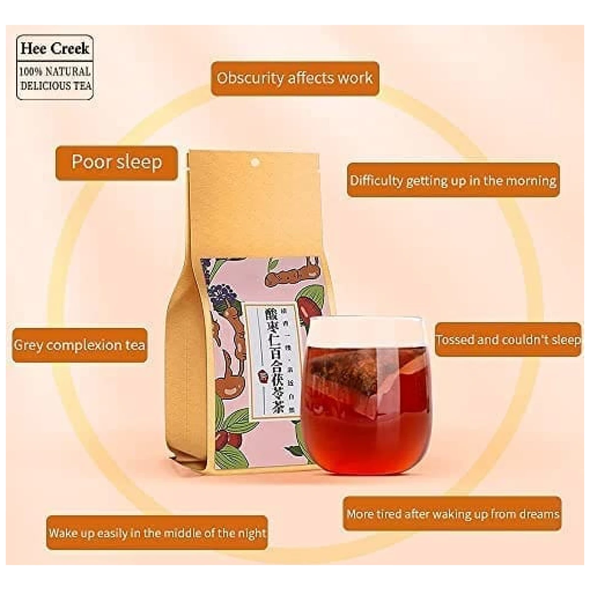 Hee Creek Sour Jujube Kernel Lily and Poria cocos Tea,10.58oz(60 Bags) Sleep Tea, Perfect for Easing into a Soothing Sleep, Poria Cocos, Mulberry，酸枣仁百合茯苓茶 晚安茶