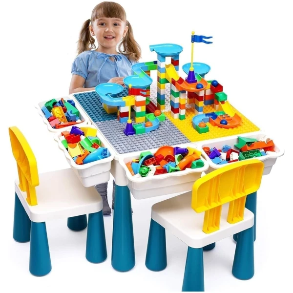 Kids Activity Table Toddlers Kids Table and Chair Set with 152Pcs Large Marble Run Building Blocks All in One Kids Play Table Water Table Sand Table, STEM Toys for Boys Girls 3...