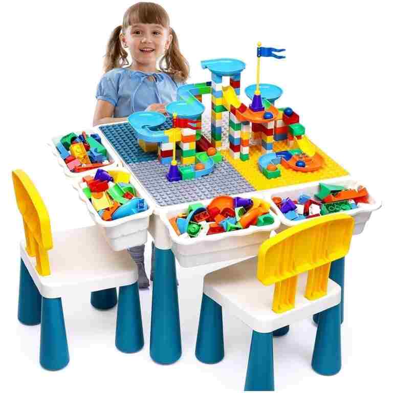Kids Activity Table Toddlers Kids Table and Chair Set with 152Pcs Large Marble Run Building Blocks All in One Kids Play Table Water Table Sand Table, STEM Toys for Boys Girls 3...