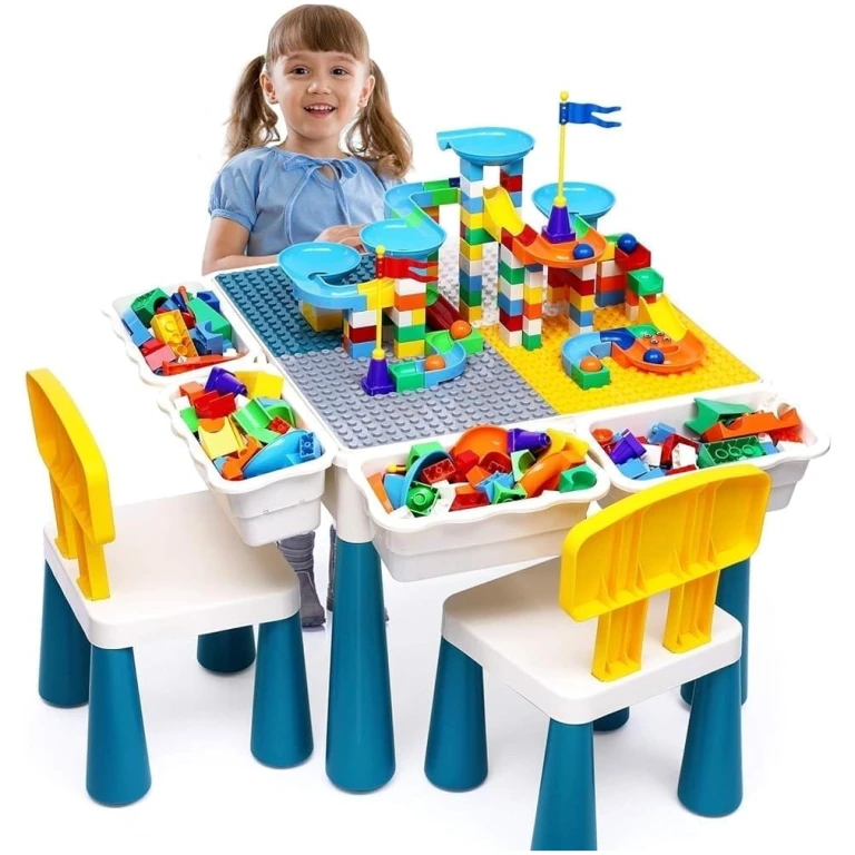 Kids Activity Table Toddlers Kids Table and Chair Set with 152Pcs Large Marble Run Building Blocks All in One Kids Play Table Water Table Sand Table, STEM Toys for Boys Girls 3...