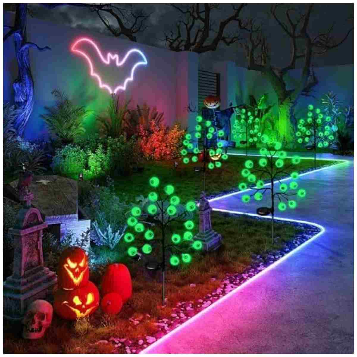 Solar Halloween Eyeball Pathway Lights Decorations, 3D Lighted Eyeball Stake Lights, 2 Pack 40 LED Halloween Lights, Outdoor Waterproof for Garden, Pathway and Yard Decoration