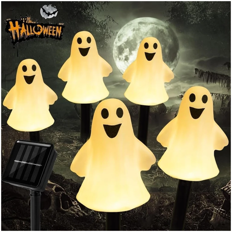 Solar Halloween Ghost Pathway lights Decorations, Halloween Ghost Stake Lights Set of 5, Lighted 3D Ghost Outdoor Waterproof for Garden, Pathway and Yard Decoration (Ghost)