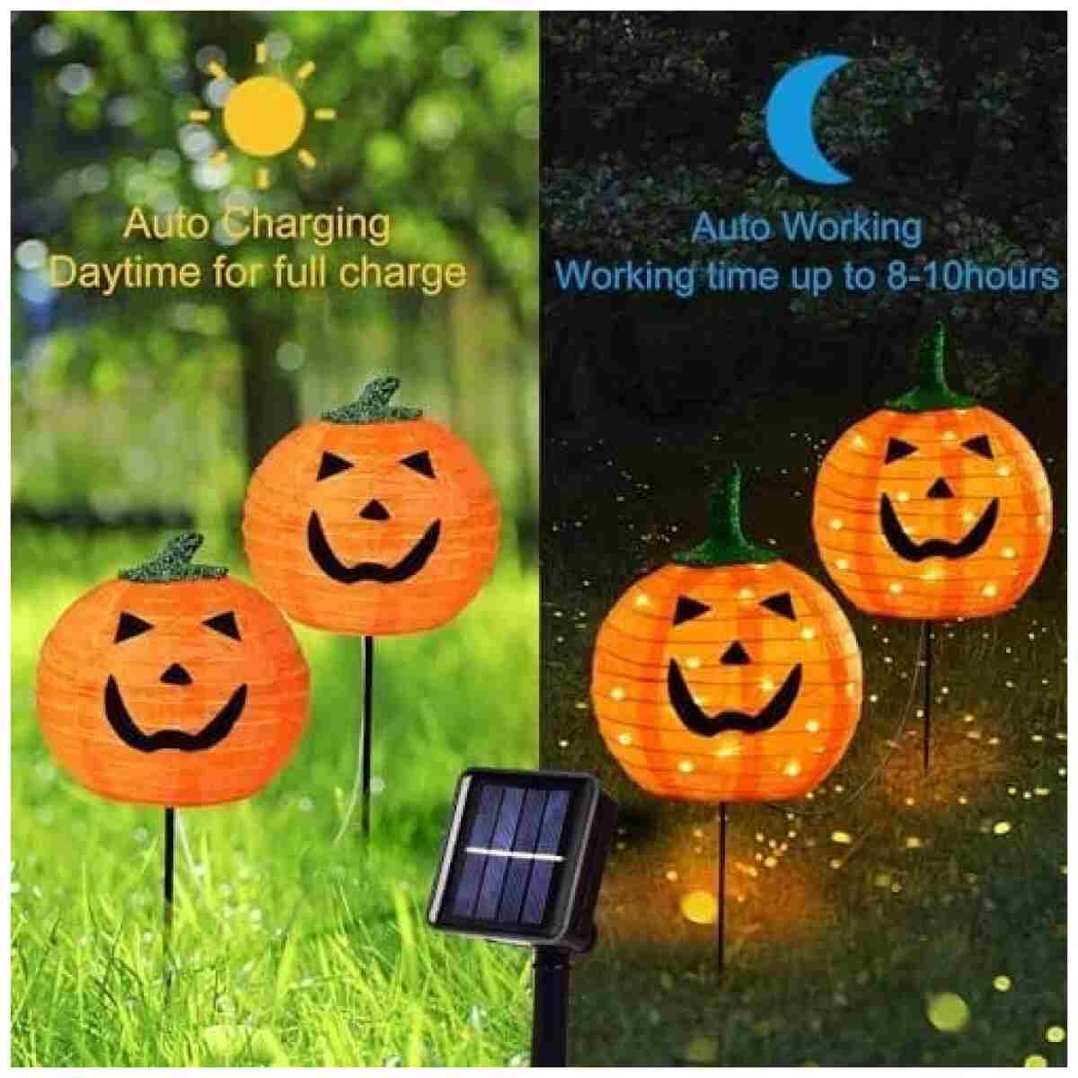 Solar Halloween Pumpkin LED Lights, Set of 2 Big Pumpkin Stake Lights 2 Modes for Outdoor Halloween Pathway Yard Garden Decoration