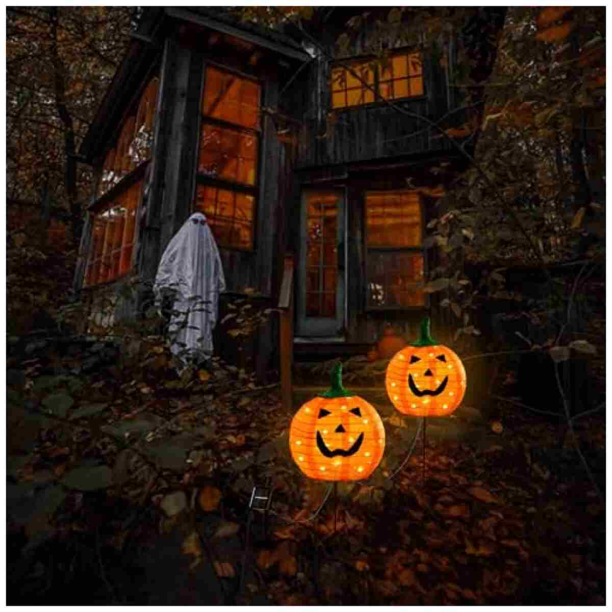 Solar Halloween Pumpkin LED Lights, Set of 2 Big Pumpkin Stake Lights 2 Modes for Outdoor Halloween Pathway Yard Garden Decoration