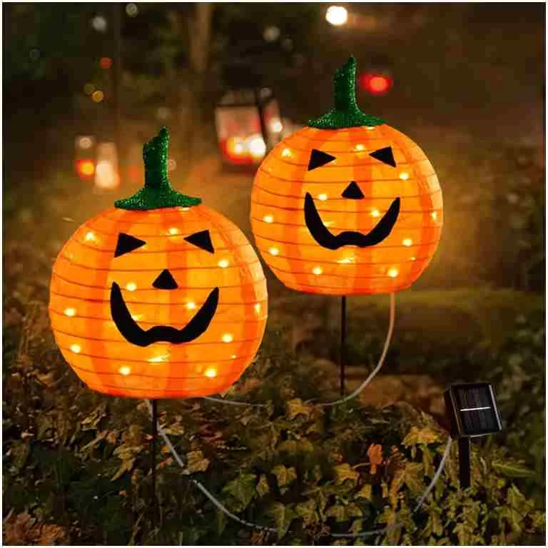 Solar Halloween Pumpkin LED Lights, Set of 2 Big Pumpkin Stake Lights 2 Modes for Outdoor Halloween Pathway Yard Garden Decoration