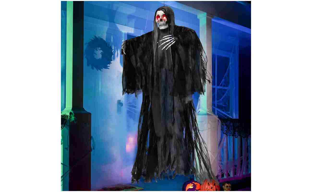 JOYIN 59” Halloween Animated Hanging Grim Reaper Decorations with Glowing Eyes and Creepy Sound, Halloween Skeleton Ghost Decorations for Haunted House Prop Decor,...