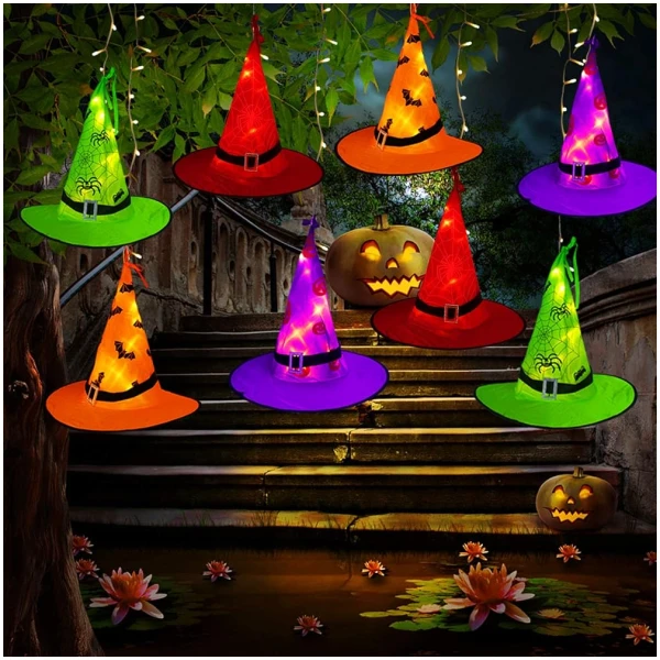 Tcamp Halloween Decorations Lighted Witch Hats Lights, 8Pcs Hanging Glowing Witch Hats with 44ft 104LED Halloween Lights String for Indoor, Outdoor, Yard, Tree Decor (8 Lighting...
