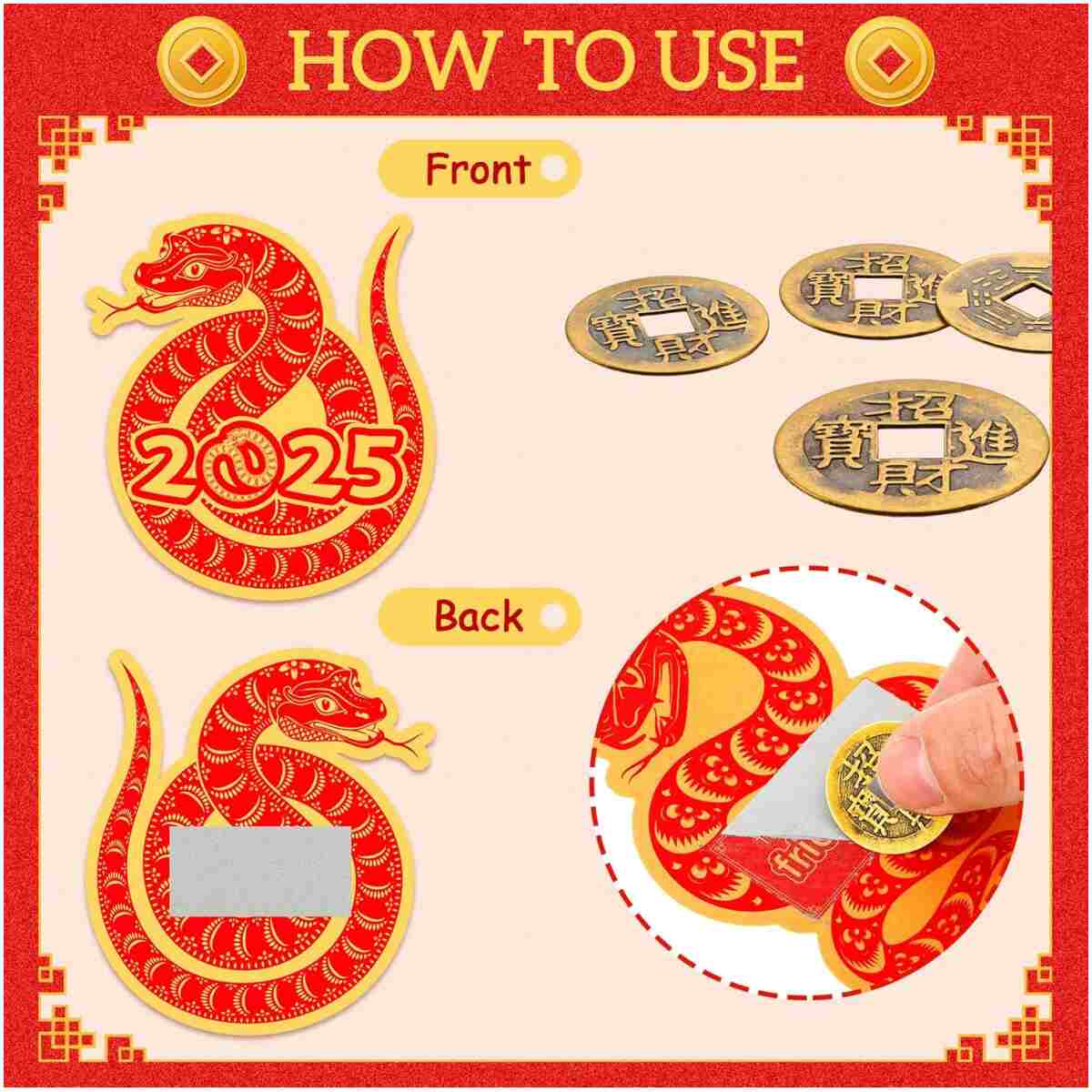 100 Pcs Chinese New Year Scratch Off Cards 2025 Year of The Snake Fortune Cards with 25 Chinese New Year Coin Chinese Decorations Money Good Luck Charms for Party Games Culture...