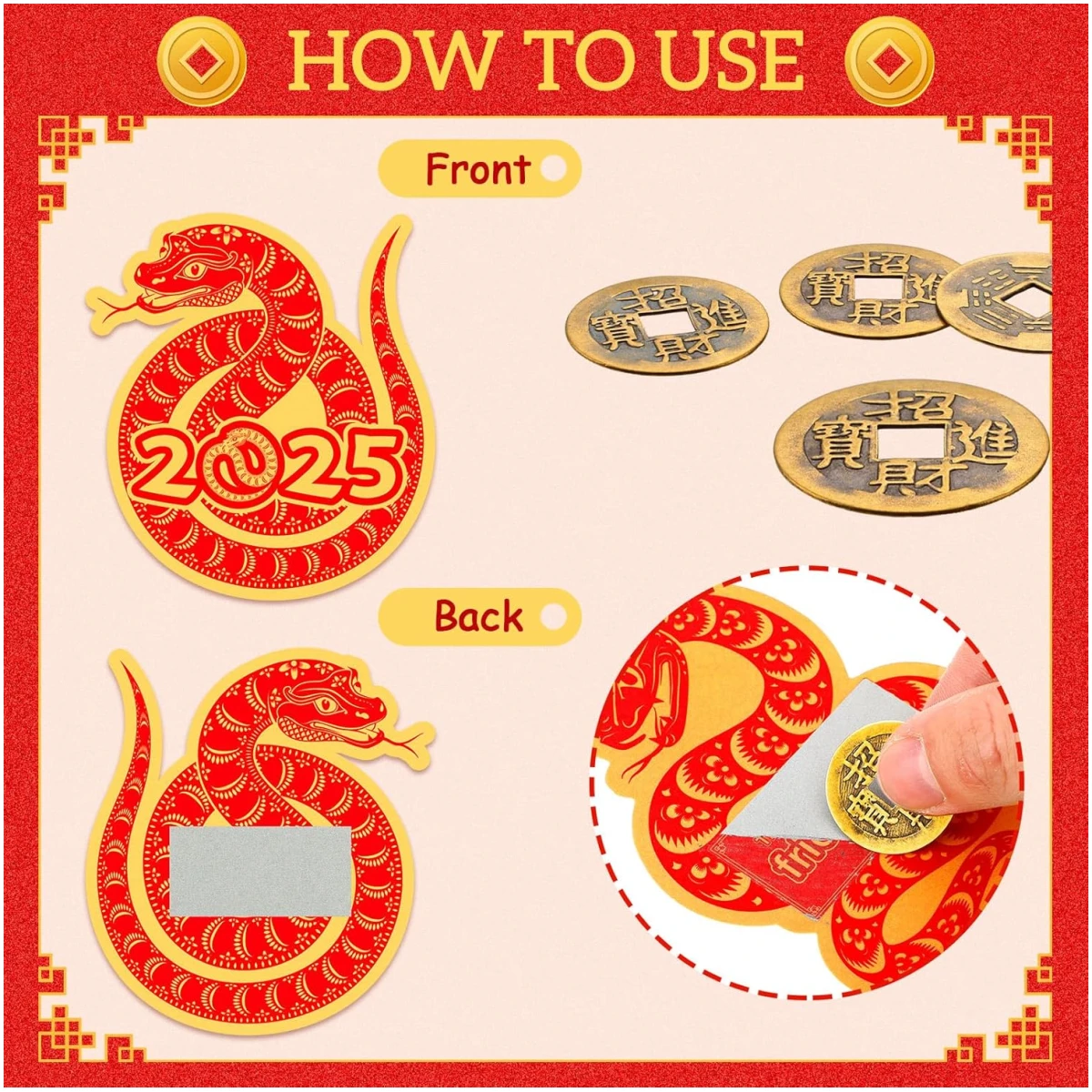 100 Pcs Chinese New Year Scratch Off Cards 2025 Year of The Snake Fortune Cards with 25 Chinese New Year Coin Chinese Decorations Money Good Luck Charms for Party Games Culture...