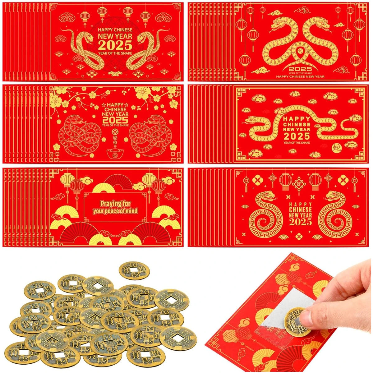 100 Pcs Chinese New Year Scratch Off Cards 2025 Year of The Snake Fortune Cards with 25 Chinese New Year Coin Chinese Decorations Money Good Luck Charms for Party Games Culture...