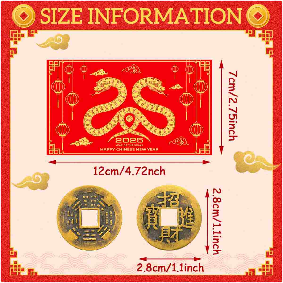100 Pcs Chinese New Year Scratch Off Cards 2025 Year of The Snake Fortune Cards with 25 Chinese New Year Coin Chinese Decorations Money Good Luck Charms for Party Games Culture...