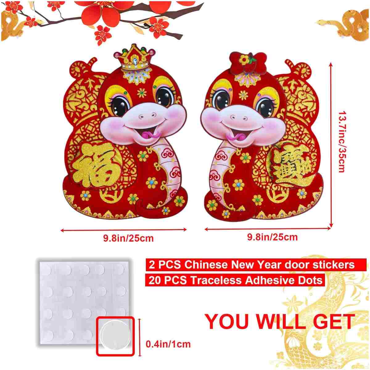 2 PCS Chinese New Year Decorations 2025, Lunar New Year Zodiac Snake Door Sticker Decorative Couplet for Home Restaurant Store Party, Spring Festival Window Cling Decal for Wall...