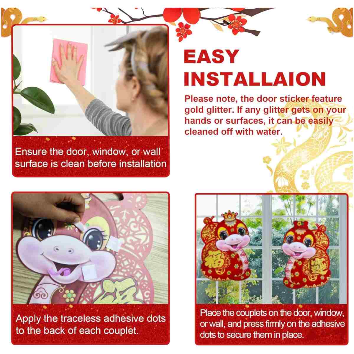 2 PCS Chinese New Year Decorations 2025, Lunar New Year Zodiac Snake Door Sticker Decorative Couplet for Home Restaurant Store Party, Spring Festival Window Cling Decal for Wall...