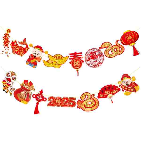 2025 Chinese New Year Banner Happy Chinese New Year Decorations 2pcs Spring Festival Party Banners Lunar New Year Cutout Banners for Red Year of Snake Party Supplies