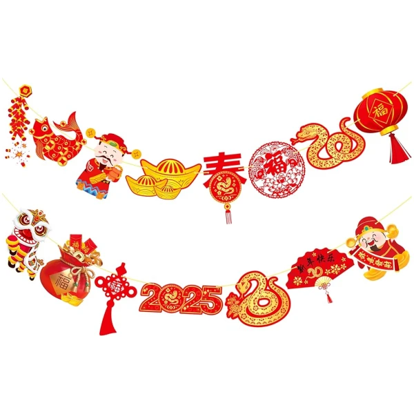 2025 Chinese New Year Banner Happy Chinese New Year Decorations 2pcs Spring Festival Party Banners Lunar New Year Cutout Banners for Red Year of Snake Party Supplies