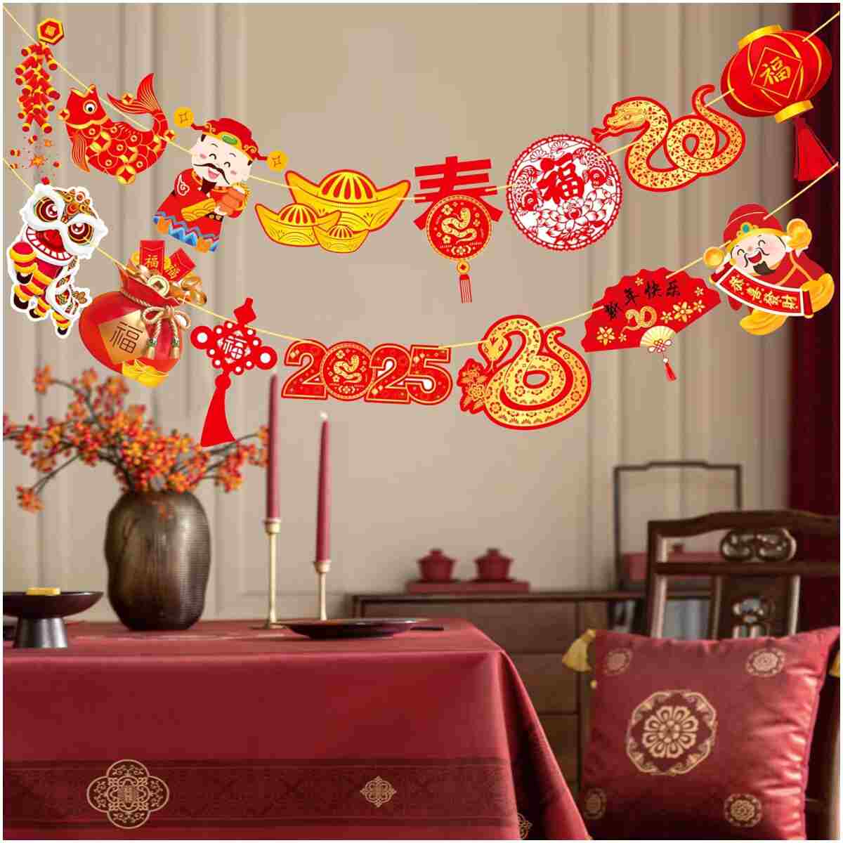 2025 Chinese New Year Banner Happy Chinese New Year Decorations 2pcs Spring Festival Party Banners Lunar New Year Cutout Banners for Red Year of Snake Party Supplies