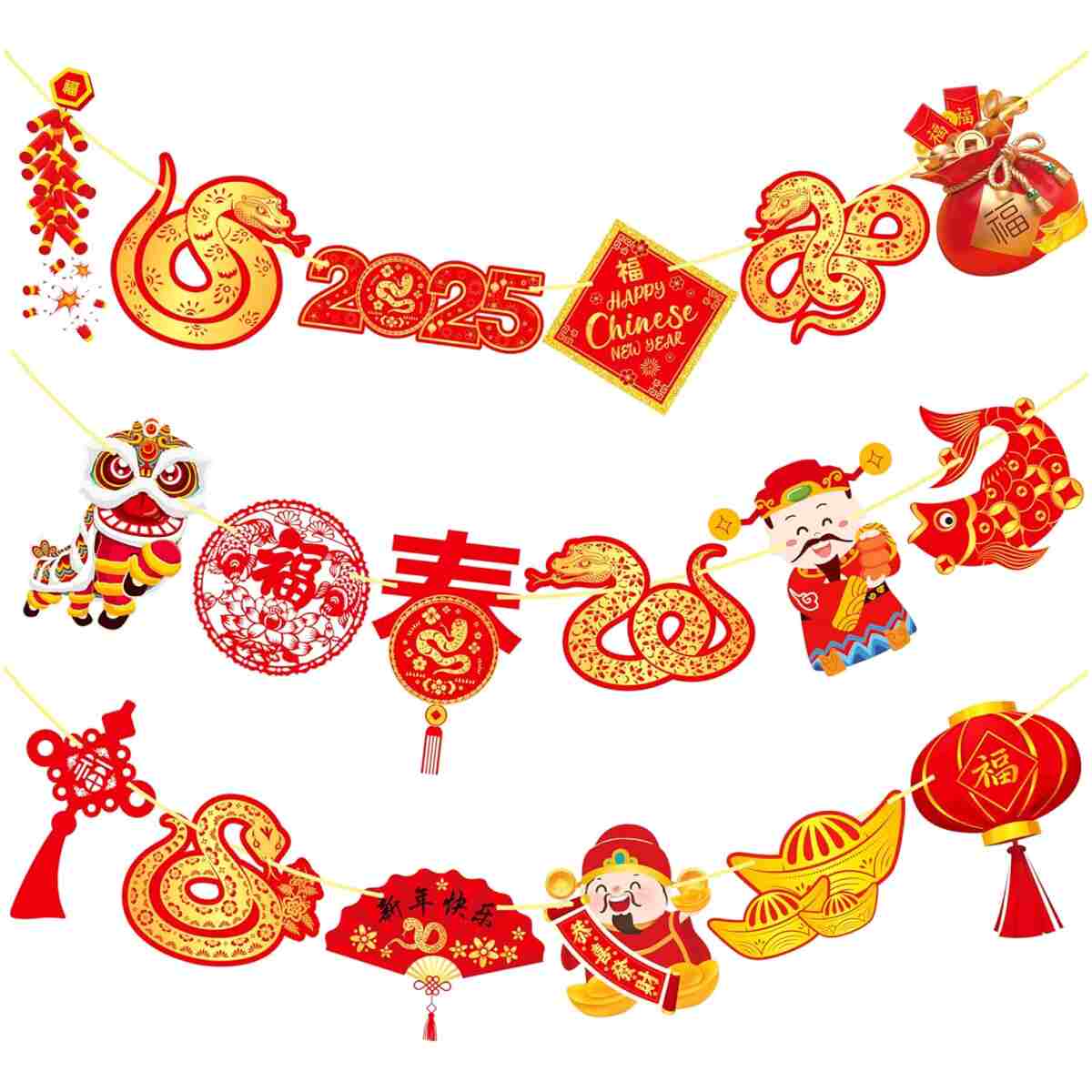 2025 Chinese New Year Banner Happy Chinese New Year Decorations 2pcs Spring Festival Party Banners Lunar New Year Cutout Banners for Red Year of Snake Party Supplies