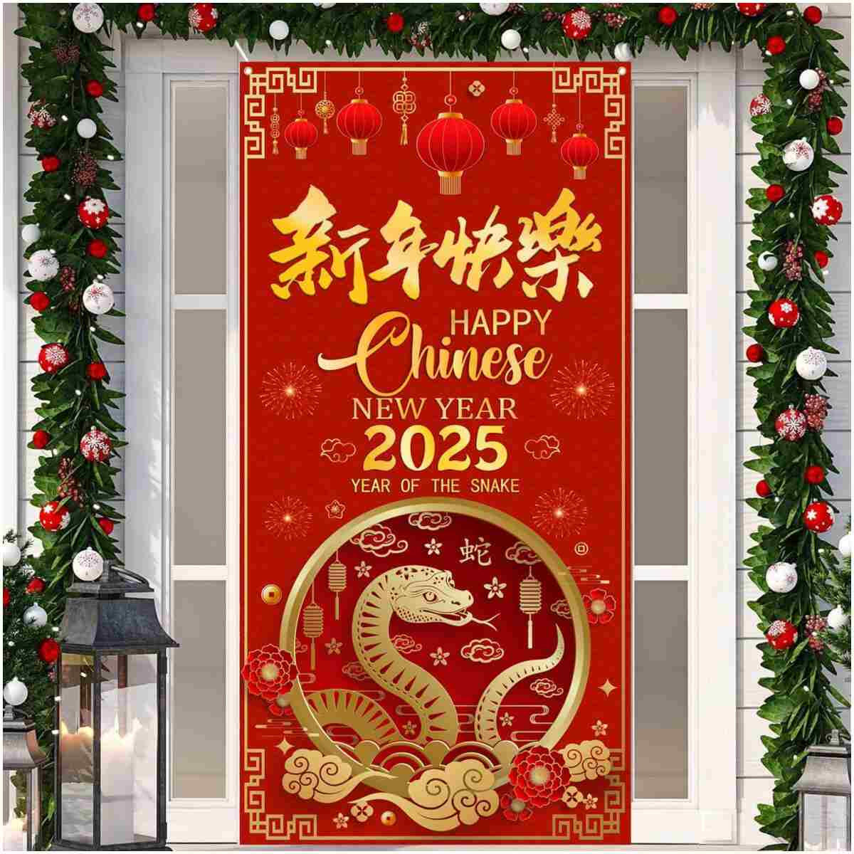 2025 Chinese New Year Door Cover, Chinese New Year Banner 2025 Year of The Snake Banner, 2025 Chinese New Year Decorations, China Spring Festival Lunar New Year Decor