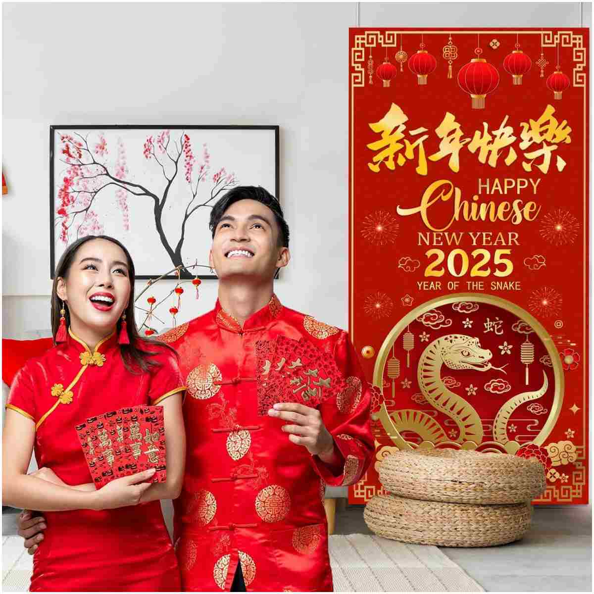 2025 Chinese New Year Door Cover, Chinese New Year Banner 2025 Year of The Snake Banner, 2025 Chinese New Year Decorations, China Spring Festival Lunar New Year Decor