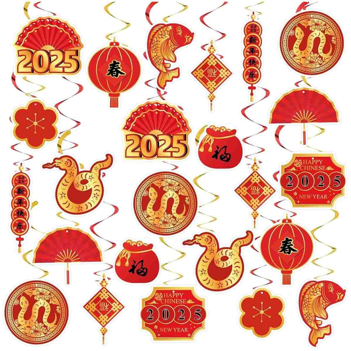 22 Set Chinese New Year Decoration 2025 Lunar New Year Hanging Swirls Spring Festival Ceiling Streamers Red Gold Spiral Banner Year of the Snake Decoration Holiday Home Party...