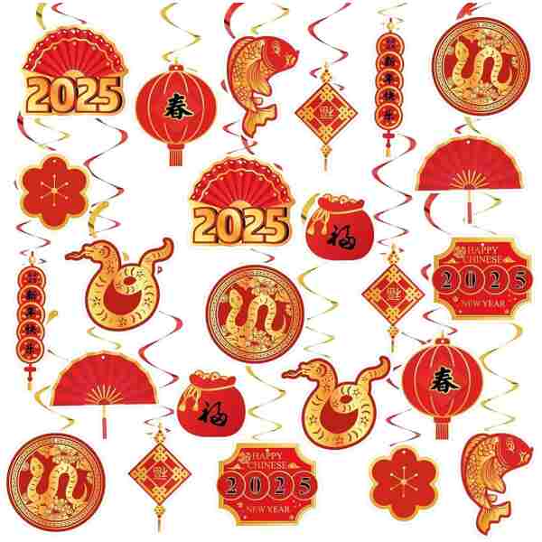 22 Set Chinese New Year Decoration 2025 Lunar New Year Hanging Swirls Spring Festival Ceiling Streamers Red Gold Spiral Banner Year of the Snake Decoration Holiday Home Party...