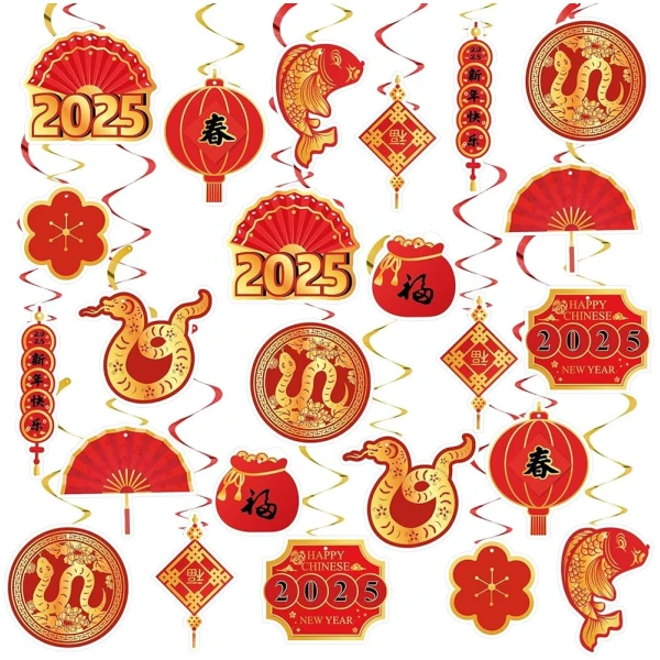 22 Set Chinese New Year Decoration 2025 Lunar New Year Hanging Swirls Spring Festival Ceiling Streamers Red Gold Spiral Banner Year of the Snake Decoration Holiday Home Party...