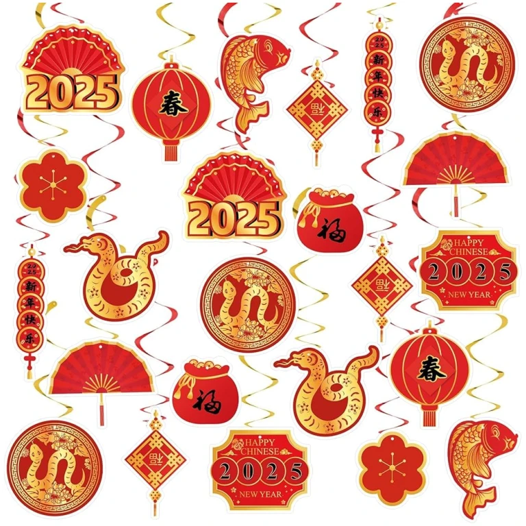 22 Set Chinese New Year Decoration 2025 Lunar New Year Hanging Swirls Spring Festival Ceiling Streamers Red Gold Spiral Banner Year of the Snake Decoration Holiday Home Party...