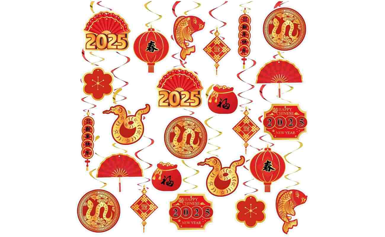 22 Set Chinese New Year Decoration 2025 Lunar New Year Hanging Swirls Spring Festival Ceiling Streamers Red Gold Spiral Banner Year of the Snake Decoration Holiday Home Party...
