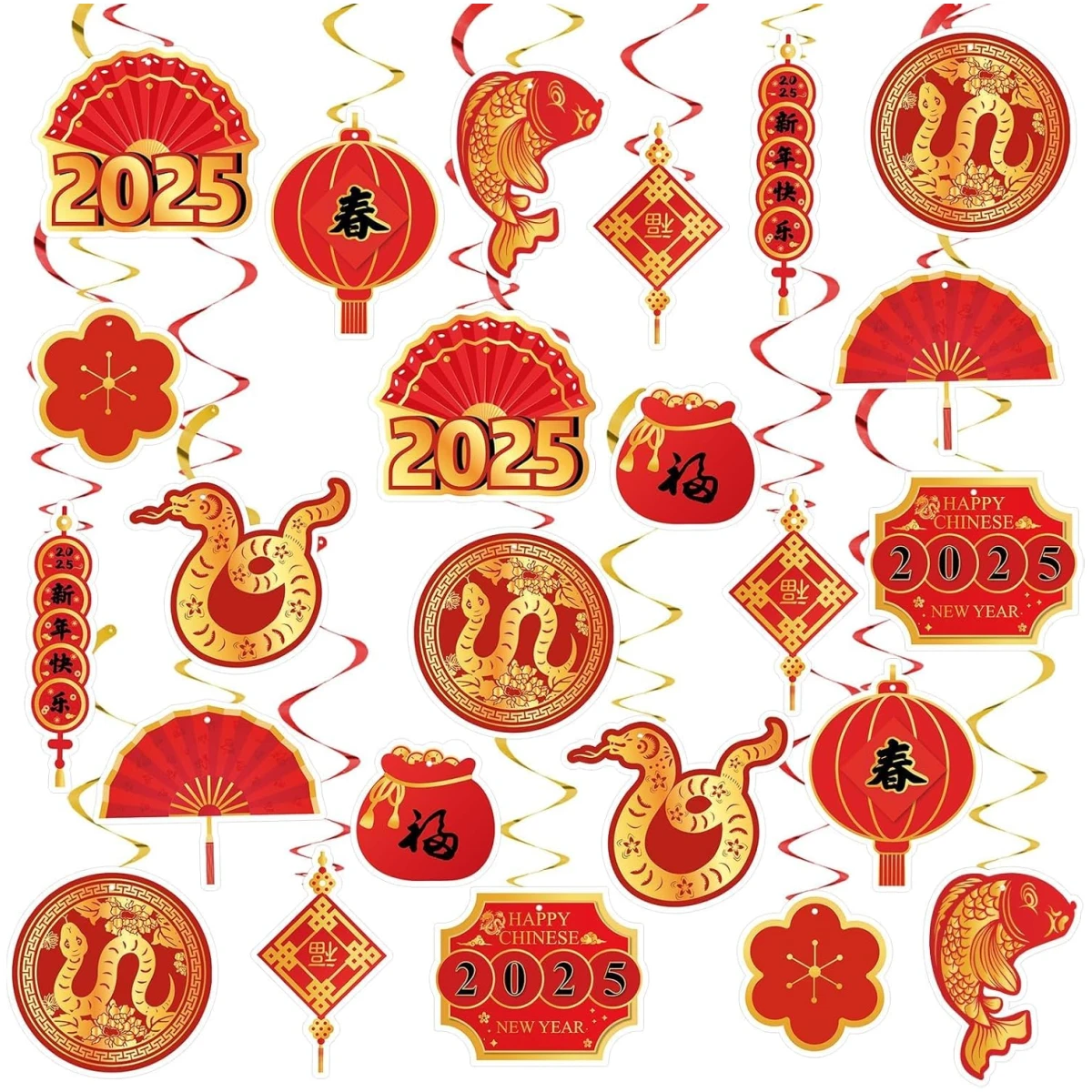 22 Set Chinese New Year Decoration 2025 Lunar New Year Hanging Swirls Spring Festival Ceiling Streamers Red Gold Spiral Banner Year of the Snake Decoration Holiday Home Party...