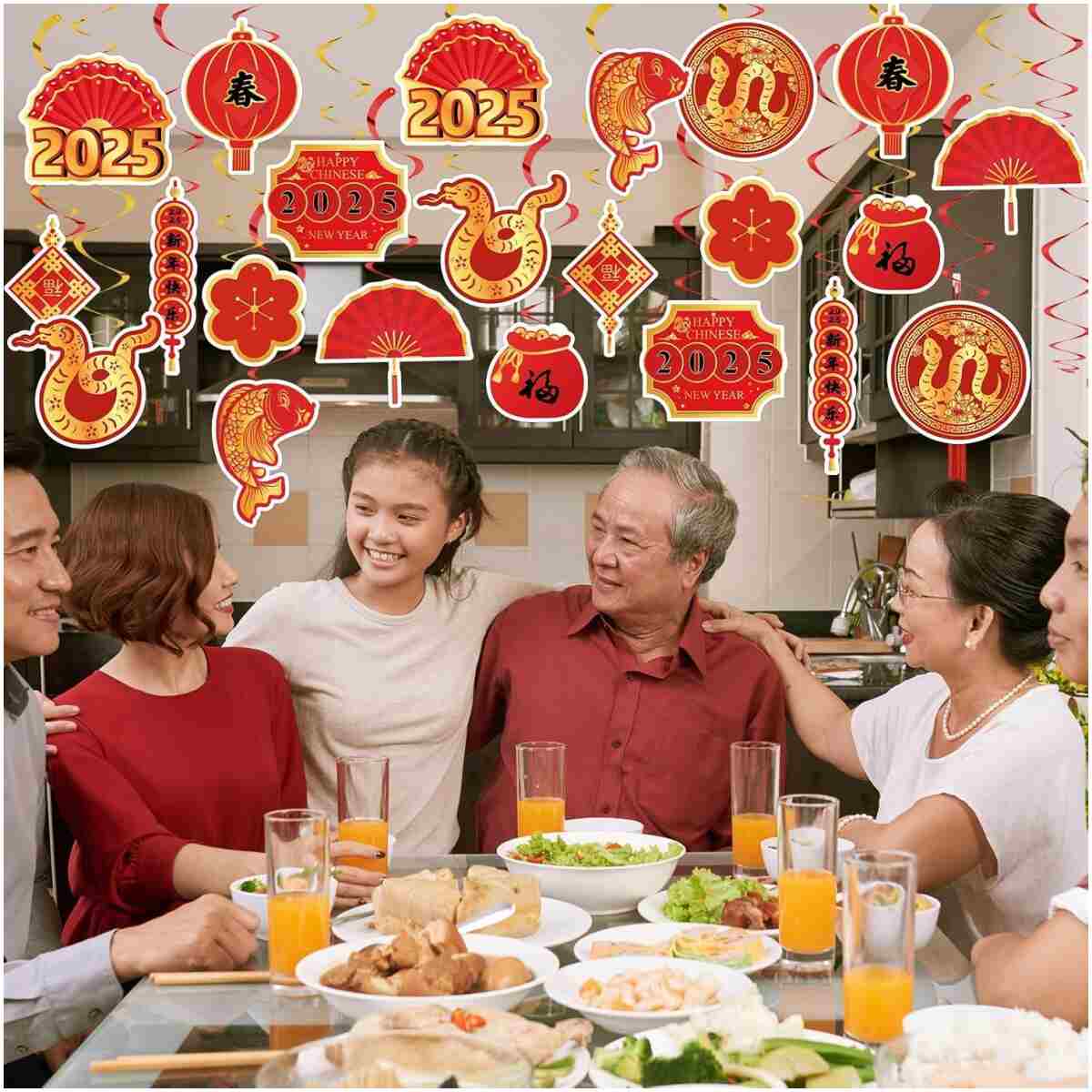 22 Set Chinese New Year Decoration 2025 Lunar New Year Hanging Swirls Spring Festival Ceiling Streamers Red Gold Spiral Banner Year of the Snake Decoration Holiday Home Party...