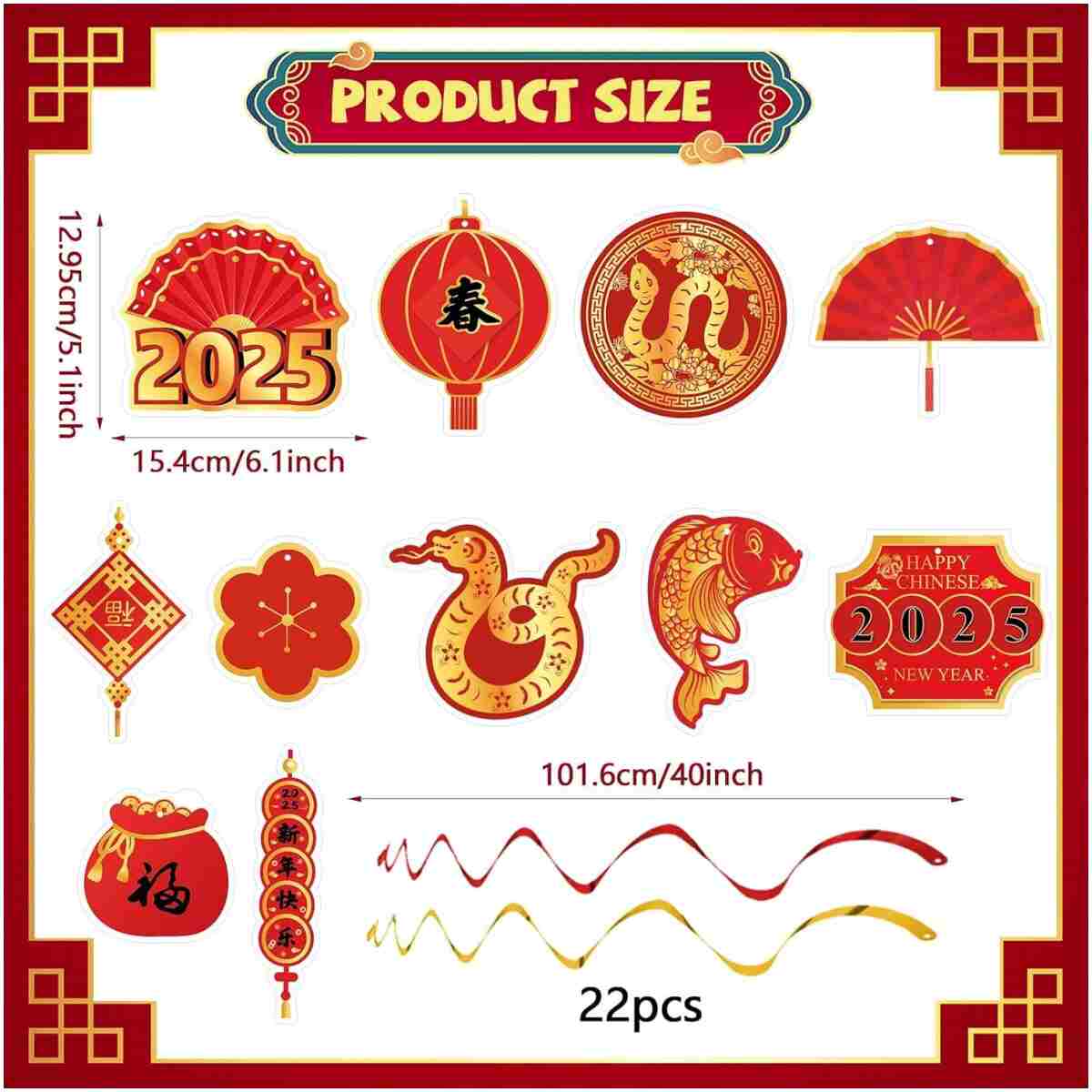 22 Set Chinese New Year Decoration 2025 Lunar New Year Hanging Swirls Spring Festival Ceiling Streamers Red Gold Spiral Banner Year of the Snake Decoration Holiday Home Party...